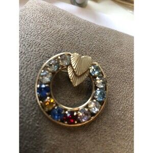Vintage Wreath 12K GOLD FILLED BROOCH PIN WITH MULTI COLOR CRYSTALS  -